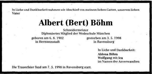 Boehm Albert 1902-1998 Todesanzeige